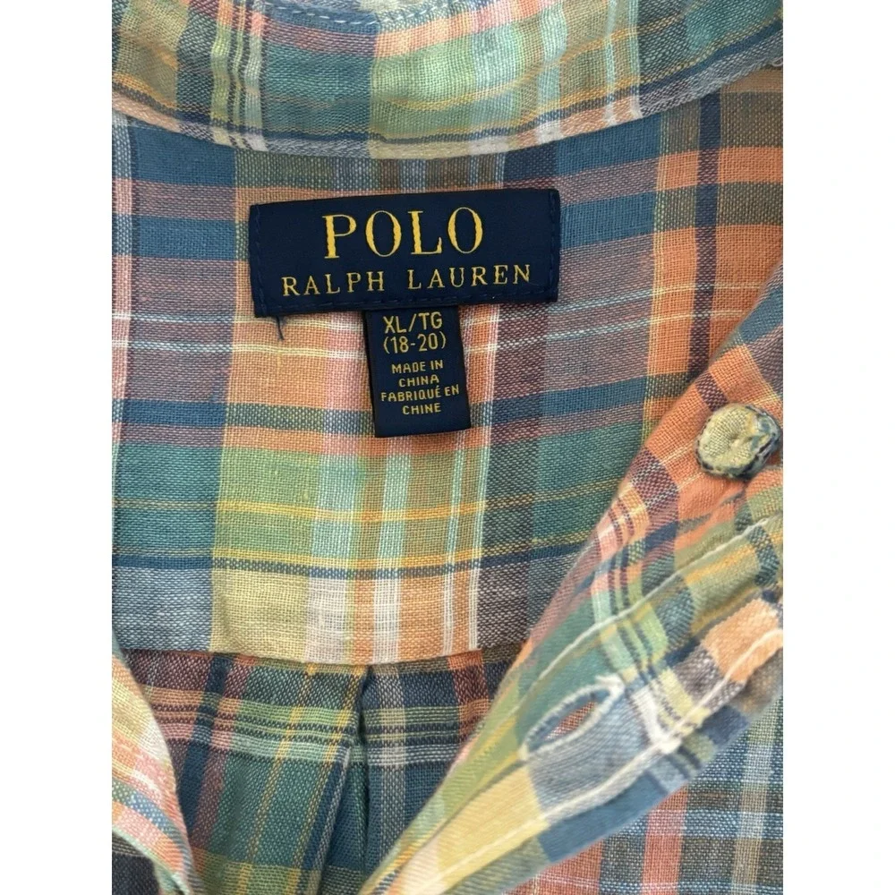 Ralph Lauren Shirt Youth‎ XL 18- 20 Plaid 100% Linen Madras Short Sleeve Button
